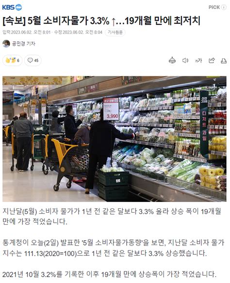 속보 5월 소비자물가 33 상승19개월 만에 최저치 정치시사 에펨코리아