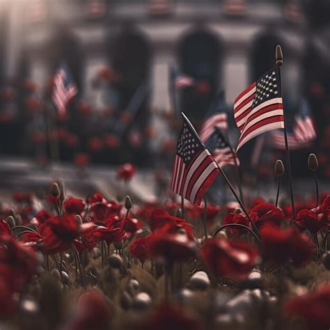 Premium Ai Image A Field Of Red Flowers And American Flags