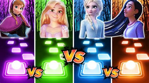 Frozen Anna Vs Tangled Vs Frozen Elsa Vs Wish Asha Tiles Hop Edm Rush Let It Go Youtube