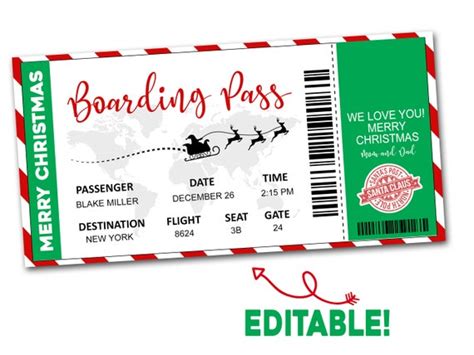 Christmas Boarding Pass Ticket Template Surprise Airline Etsy