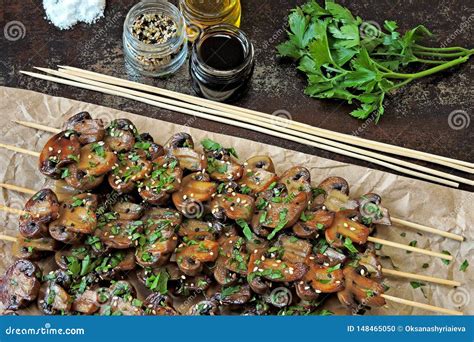 Skewers With Mushrooms Balsamic Grilled Mushroom Stock Photo Image