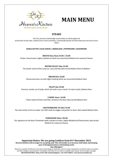 Menu 2023 Heavens Kitchen Mediterranean Steak House Em Farnham Thefork