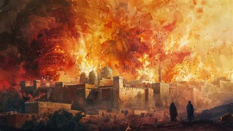 Biblical Watercolor Illustration Of Sodom And Gomorrah From The Old