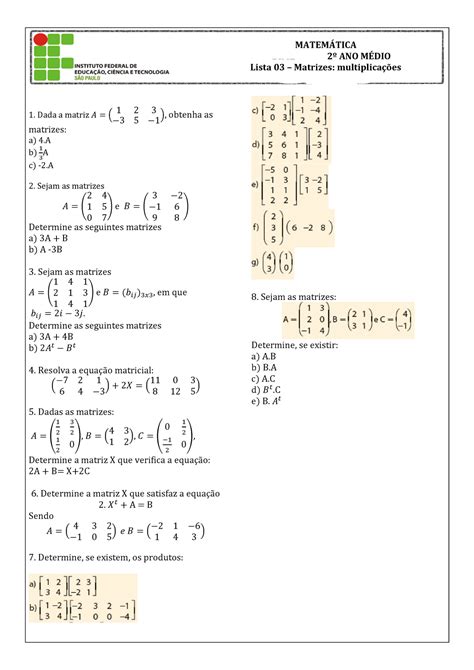 Lista De Exerc Cios Sobre Matrizes Pdf Braincp