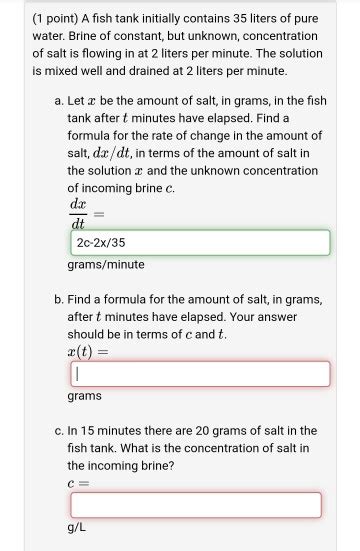 Solved Point A Fish Tank Initially Contains Liters Of Chegg