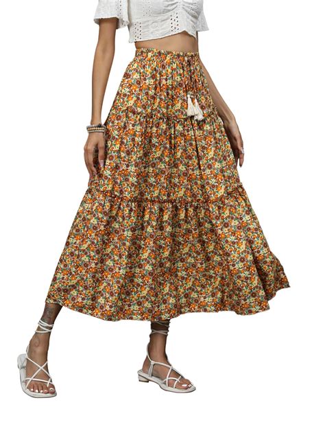 Womens Boho Floral Print Elastic High Waist Midi Skirt Flare Flowy