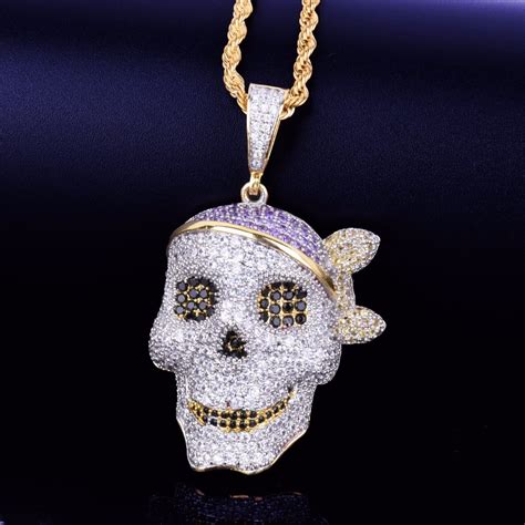 Skull Pendant Necklace Chain Gold Color Iced Out Cubic Zirconia Hip Hop