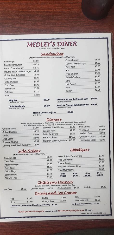 Menu at Medley's Diner restaurant, Morrison, 7783 Manchester Hwy