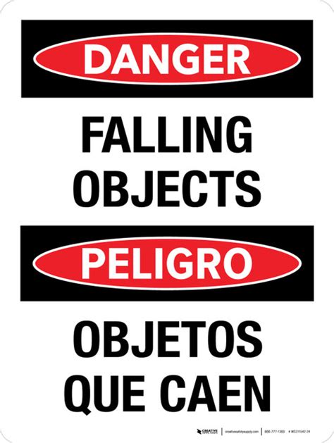 Danger Falling Objects Bilingual Spanish Portrait Wall Sign