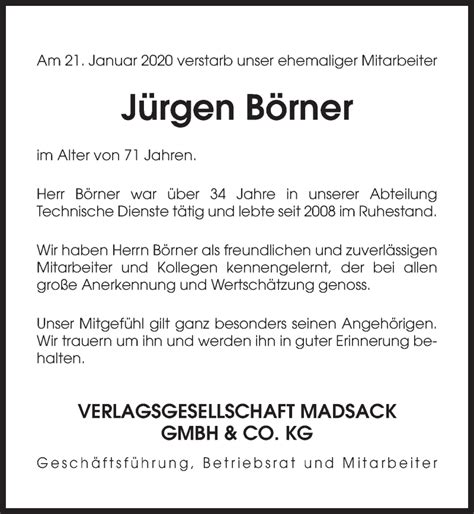 Traueranzeigen von Jürgen Börner trauer anzeigen de