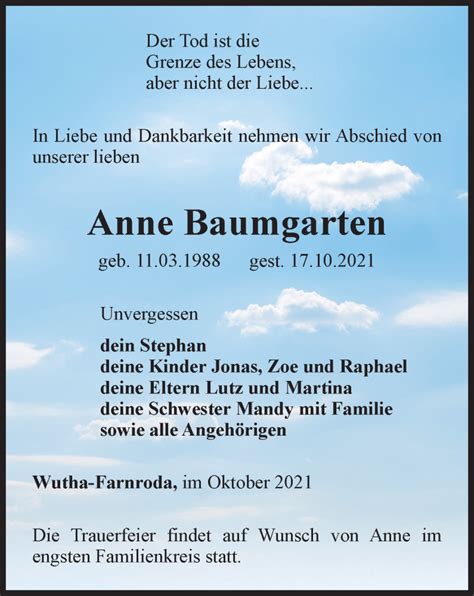 Traueranzeigen Von Anne Baumgarten Trauer In Thueringen De