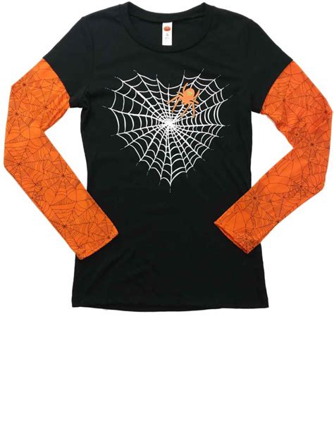 Womens Sparkly Spider And Web Heart Long Sleeve Tee Shirt Halloween T