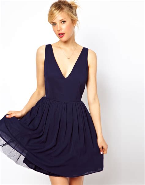 Asos Deep Plunge Skater Dress In Navy Blue Lyst