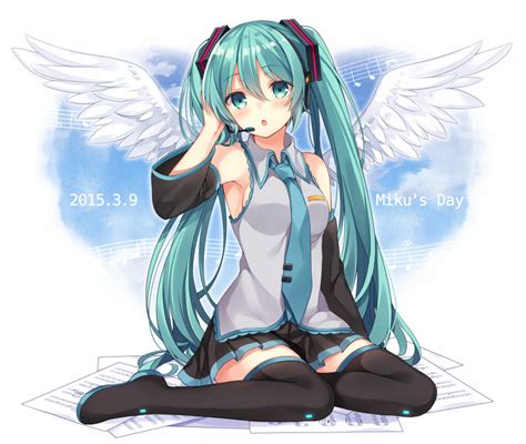 Safebooru 1girl 39 2015 Aqua Eyes Aqua Hair Boots Dated Detached Sleeves Hand On Headphones