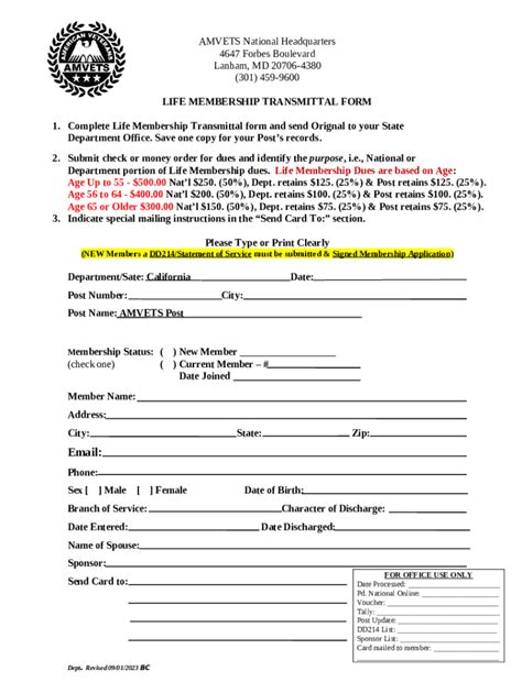 Online Amvets Life Membership Transmittal Doc Template Pdffiller