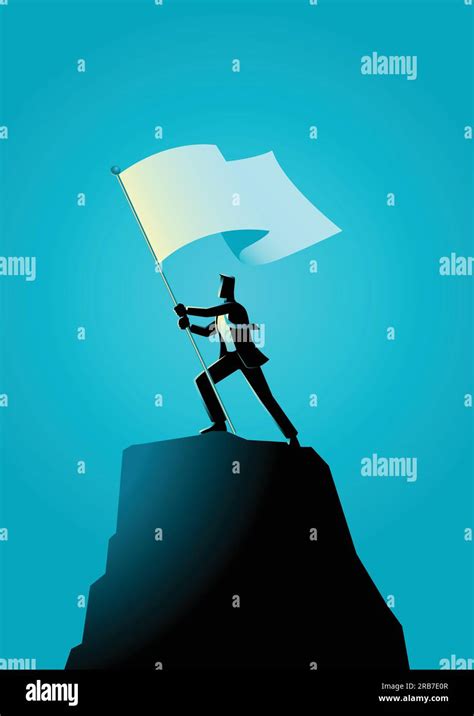 Business Concept Illustration Of A Businessman Holding A Flag On Top Of