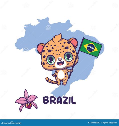 National Animal Jaguar Holding The Flag Of Brazil National Flower