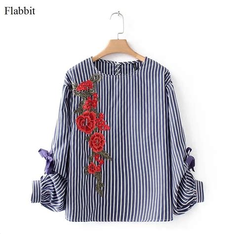 Flabbit Women Elegant Floral Embroidery Striped Casual Blouse Appliques Smock Shirt Spring Chic