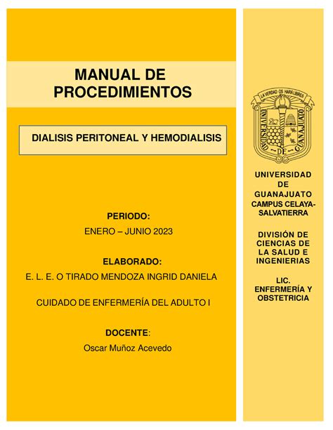 Manual De Procedimientos Diálisis Y Hemodiálisis Periodo Enero Junio 2023 Elaborado E L