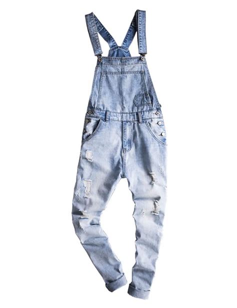 Sokotoo Men S Light Blue Slim Snow Washed Denim Bib Overalls Ripped