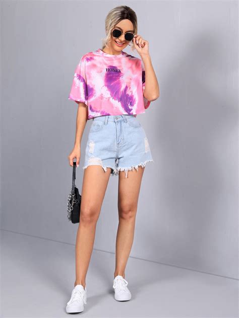 Shein Ezwear Top De Tie Dye Con Estampado De Letra Moda De Mujer