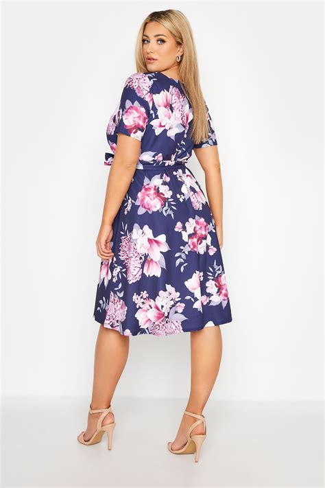 Yours London Plus Size Navy Blue Floral Print Midi Skater Dress Yours