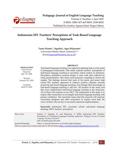 Pdf Indonesian Efl Teachers Perceptions Of Task Based Language