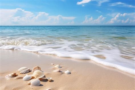 Praia De Areia Serena Ondas Suaves Batendo Na Costa E Conchas