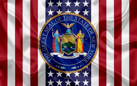 New York, USA American state, Seal of New York, silk texture, US states ...