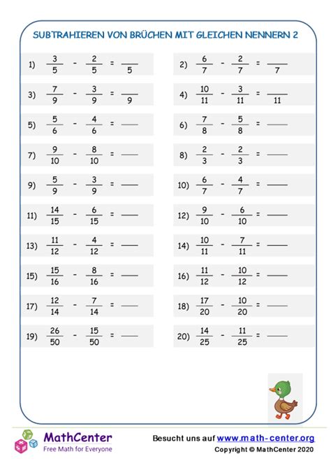 F Nfte Klasse Arbeitsbl Tter Das Subtrahieren Von Br Chen Math Center