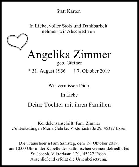 Traueranzeigen Von Angelika Zimmer Trauer In Nrw De