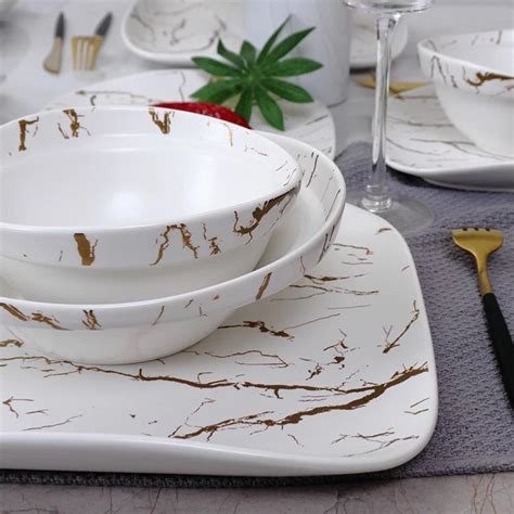 Service De Table En Porcelaine Pi Ces Effet Marbre Blanc Et Dor