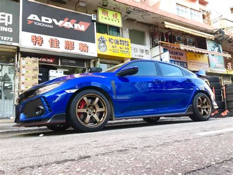 Honda Civic Type R Fk Blue With Bronze Rays Volk Te Saga Wheel Front