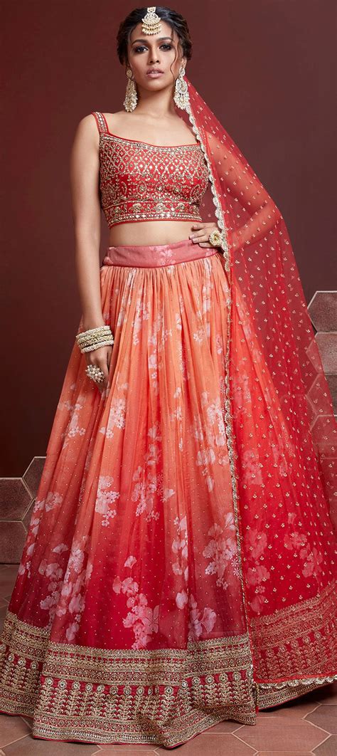 Mehendi Sangeet Reception Orange Color Art Silk Fabric Lehenga 1790325