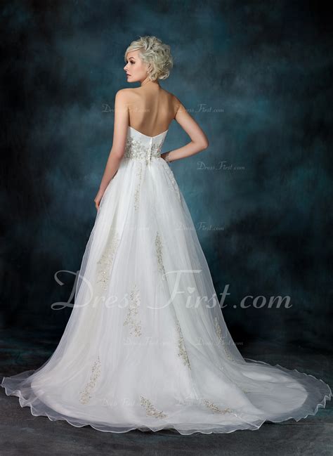 A Line Princess Sweetheart Court Train Satin Organza Wedding Dress With