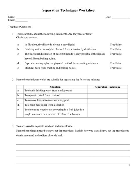 Separation Techniques Worksheet Ms Tay 1