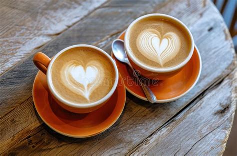 Two Latte With Heart Latte Art On A Tray Stock Image Image Of Shape