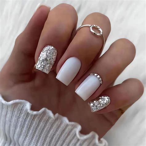 All White Nails With Rhinestones