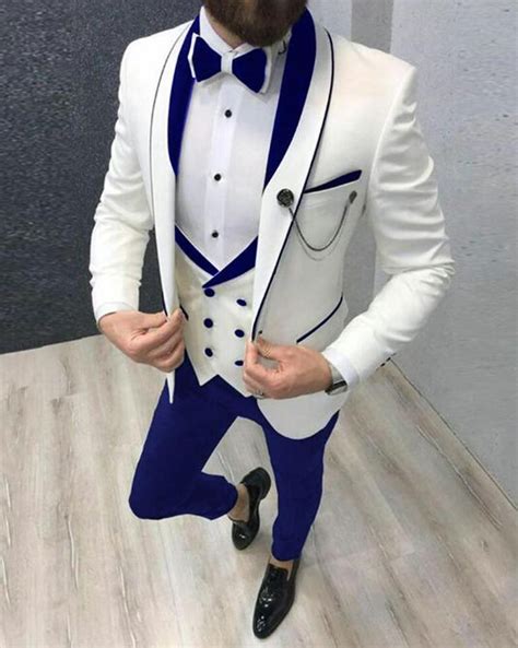 Velvet Lapel Ivory Groom Wedding Tuxedo Suits With Royal Blue Trim