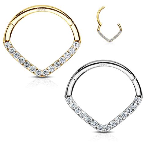 K Gold Front Pave Seamless V Hinged Clicker Ring Cartilage Daith