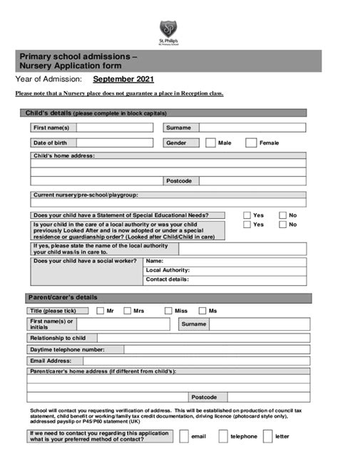 Fillable Online Primary School Admissions Nursery Application Form Fax Email Print Pdffiller