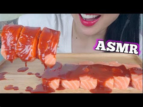 Asmr Salmon Sashimi With Fire Sauce No Crunchy Eating Sounds No