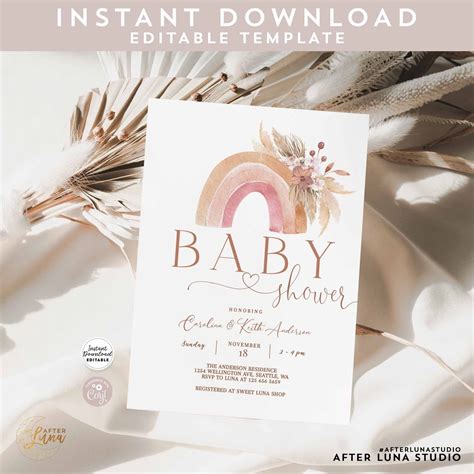 Editable Boho Rainbow Baby Shower Invitation Pink Pampas Grass Etsy