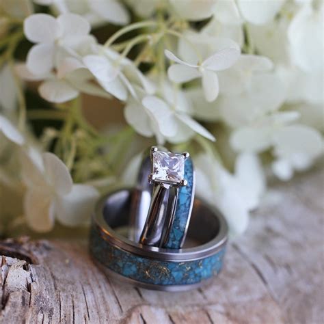 Turquoise Wedding Ring Set 10k White Gold Moissanite