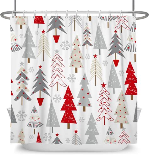 Christmas Tree Shower Curtain Red Grey Xmas Tree Snowflakes Winter