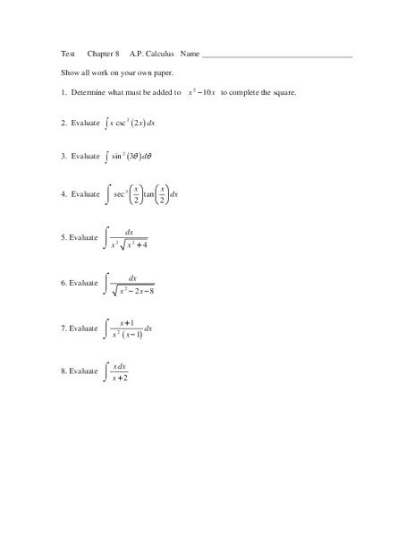 Integrals Worksheet For 11th 12th Grade Lesson Planet