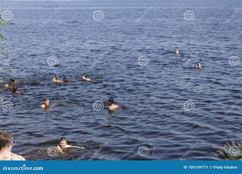 Russia Berezniki July 18 People Swim At The Beach In The Summer