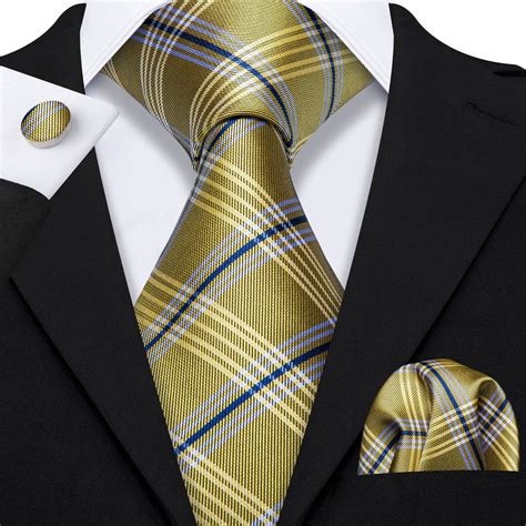 Yellow Stripe Plaid Tie Pocket Square Cufflinks Set Mens Silk Ties Tie Set Tie A Necktie