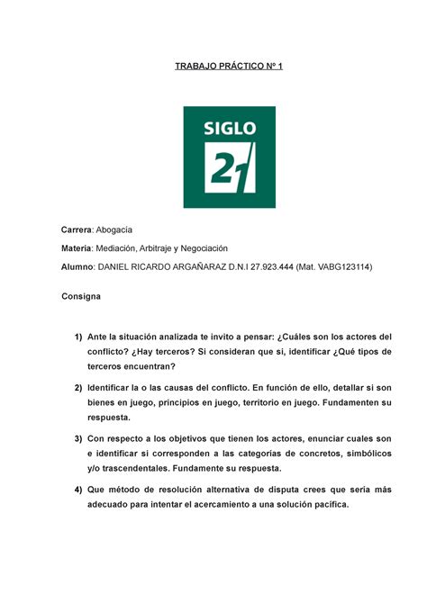 Tp 1 Mediación Arbitraje y Negociación TRABAJO PRÁCTICO Nº 1 Carrera