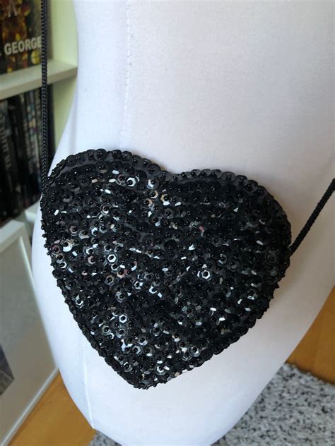 S Black Sequin Heart Crossbody Shoulder Mini Bag Evening Purse